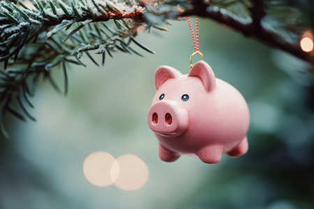 Piggy bank christmas ornament hanging on tree branch symbolizing seasonal savings and expensesの素材