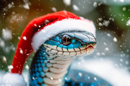 Blue snake in a santa hat amidst snow for a festive Christmas and new year celebrationの素材