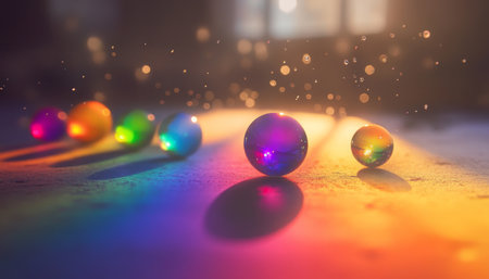 Vibrant rainbow spheres manifesting in various sizes, creating a colorful visual experienceの素材
