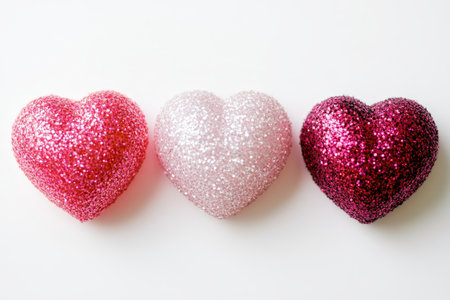 Three vibrant pink and white sparkling decorative hearts on a white background for valentine's dayの素材