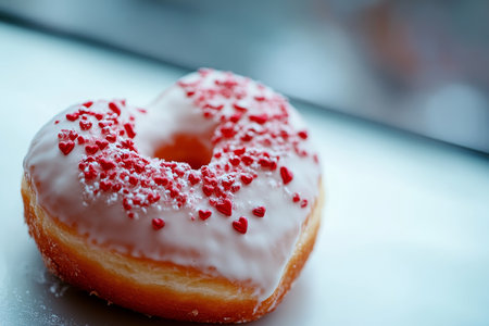 Delicious heart shaped iced donut perfect for Valentine's day celebrations and sweet treatsの素材