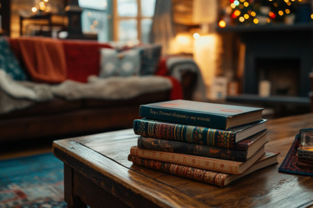 A cozy stack of christmas books on a wooden coffee table celebrating holiday reading traditionsの素材