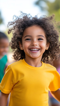Joyful multiracial children playing in a sunny schoolyard with a laughing girl in yellow shirtの素材