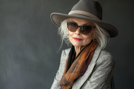 Chic senior woman in trendy fashion captivating portrait of timeless style and eleganceの素材