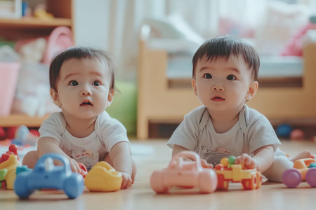 Adorable baby boy and girl engaged in playtime with toys in a kindergarten nursery roomの素材