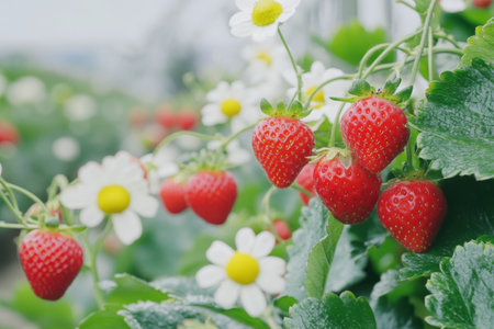 Vibrant strawberry plant with lush green leaves and white flowers, ideal for local marketsの素材