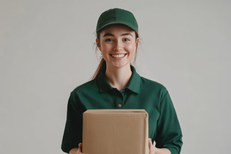 Caucasian woman in green uniform joyfully delivering a package, showing commitment to serviceの素材