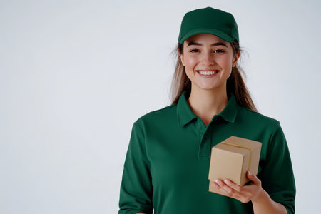 Caucasian woman in green uniform cheerfully delivering package, highlighting commitment to serviceの素材