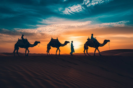 Silhouette of camel caravan at sunset in the thar desert a journey through adventure and traditionの素材