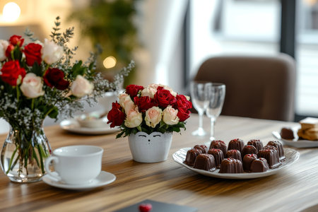 Romantic setup with chocolates and flowers on a wooden table for valentine's day celebrationの素材