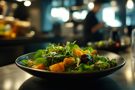 Closeup of a healthy vegan salad on a restaurant table, perfect for a fresh lunch or dinnerの素材