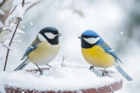 Charming garden birds great tit and eurasian blue tit feeding in winter bird feederの素材