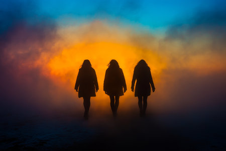 Three silhouettes strolling through vibrant fog at dawn, evoking a mystical atmosphereの素材