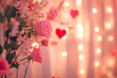 Valentine's day photography heart shaped decorations and romantic rose accents in pink and redの素材