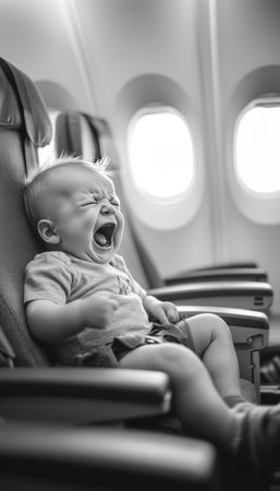 Crying infant on airplane capturing the discomfort and stress of air travel for babiesの素材