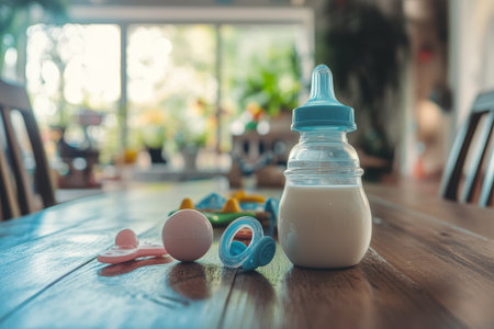 Cozy indoor scene featuring feeding bottles, pacifiers, and toys on a wooden tableの素材