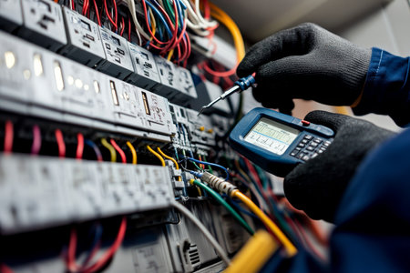 Electrician at work close up of tools and circuit breakers on a modern electrical control boardの素材