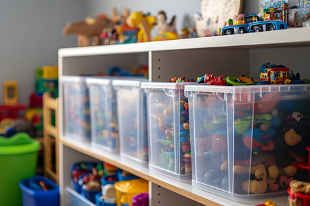 Colorful plastic storage bins filled with toys arranged neatly in a bright playroom spaceの素材