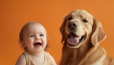 Charming portrait of a joyful baby and a laughing golden retriever against a vibrant orange backdropの素材