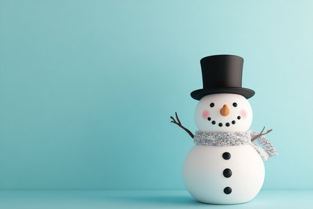 Cheerful snowman with black top hat and scarf set against a light blue winter backgroundの写真素材