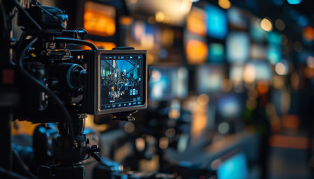 Diverse media displays on a wall with blurred dark background and professional camera effectsの写真素材
