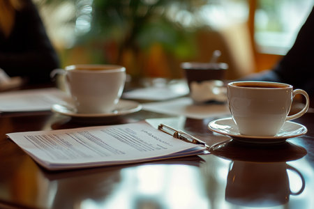 Professional business meeting captured with coffee and essential documents on the conference tableの写真素材