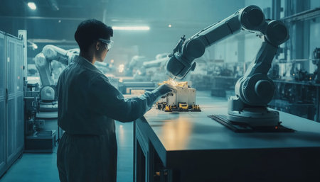 Industry 4.0 factory industrial engineer collaborating with robotic arms in smart manufacturingの写真素材