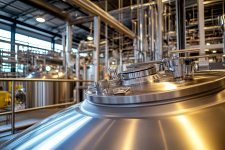 Modern stainless steel brewing equipment showcased in a pristine factory setting