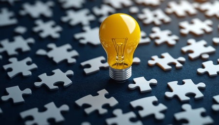 Innovative concept yellow light bulb and white puzzle pieces on dark blue backgroundの写真素材