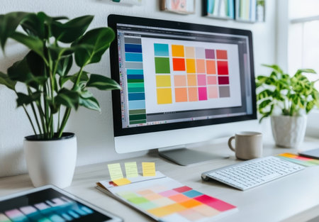 Vibrant graphic designer s workspace featuring color swatches, digital tablet, and cozy decorの写真素材