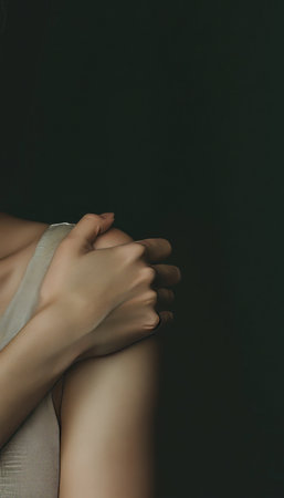 Celebrating imperfection a woman s embrace of flaws against a minimalist dark backgroundの素材