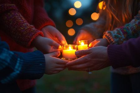 Family units in candlelit vigil at cemetery, honoring memories of departed loved ones togetherの写真素材