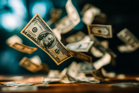 Cash rain dynamic photography of dollar bills descending against a dark backdrop
