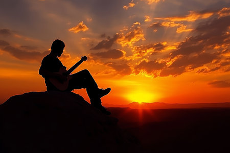 Man with guitar reflecting on a stunning sunset amidst a tranquil desert landscape sceneの写真素材