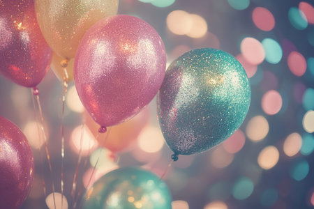 Vibrant glitter balloons against a softly blurred backdrop creating a festive atmosphereの写真素材