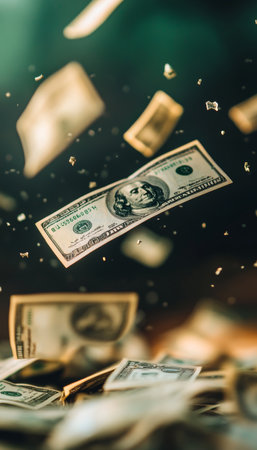 Dollars cascading against a dark backdrop captivating photography of currency in motionの写真素材