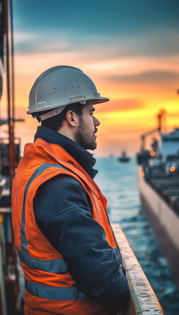Significance of maritime trade illustrated by worker on cargo ship in captivating photography shot