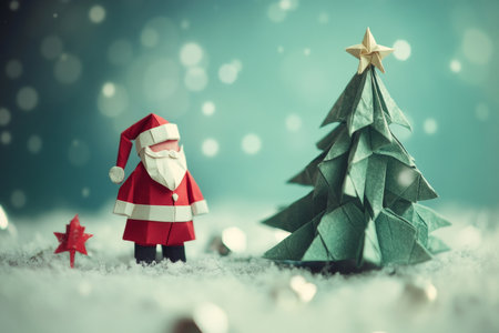 Captivating origami santa claus and christmas tree a festive photography compositionの素材