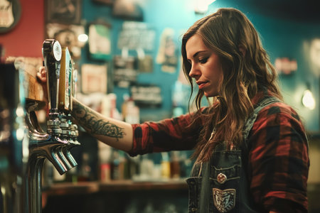 Young female bartender skillfully pouring beer from a metal spigot tap in a cozy bar settingの素材