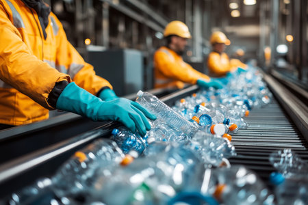 Close up of employees gloved hands sorting and recycling plastic and glass waste materialsの素材