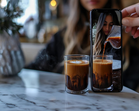A beautiful girl with long hair enjoys coffee poured from glass into two cups on iphone screenの素材