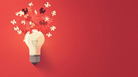 Creative light bulb with puzzle pieces symbolizing business ideas on red background for web banner