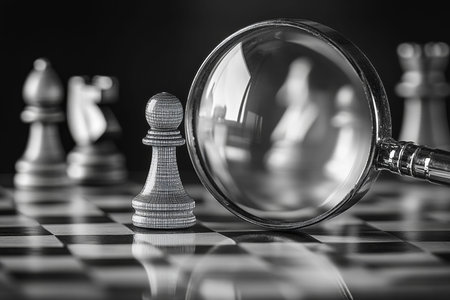 A focused pawn the central role of strategy in chess highlighted by a magnifying glass