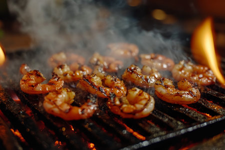 Close up of sizzling grilled shrimp on the grill culinary inspiration for food photographyの写真素材