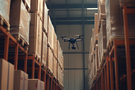 Drone delivering a package inside a warehouse a modern approach to efficient logisticsの写真素材