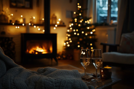 Warm and inviting evening enjoying a glass of wine by the fireplace in cozy ambianceの写真素材