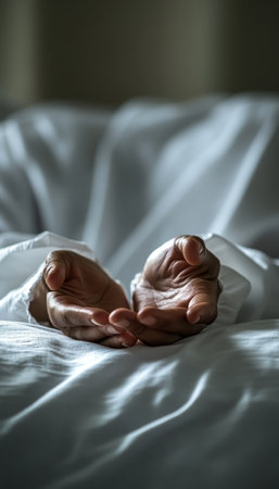 Close up of caring hands on a bed with a female patient in a hospital room settingの写真素材