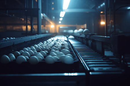 Automated egg production industrial scene of eggs on conveyor belt in a factory settingの写真素材