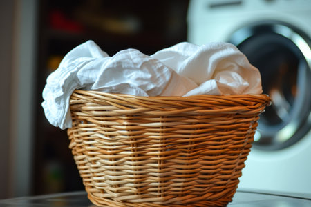 Wicker basket overflowing with clean white lines next to a contemporary washing machineの写真素材