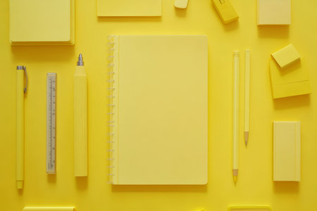Minimalist yellow notepad surrounded by stationery on coordinating background for note ideasの写真素材